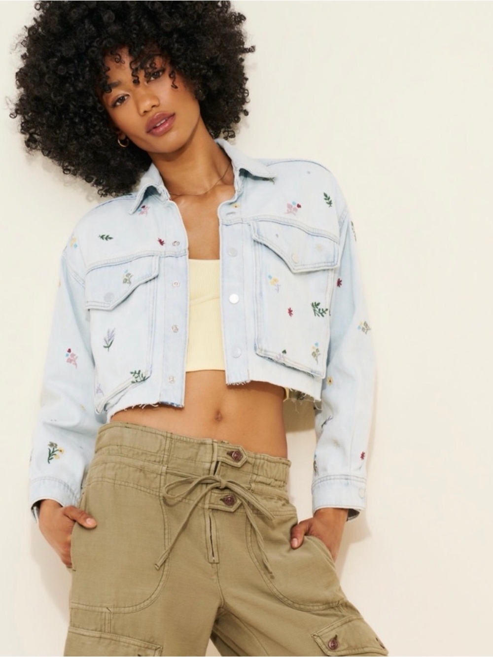Anthropologie Pilcro Cropped Embroidered Light Blue Denim Jacket